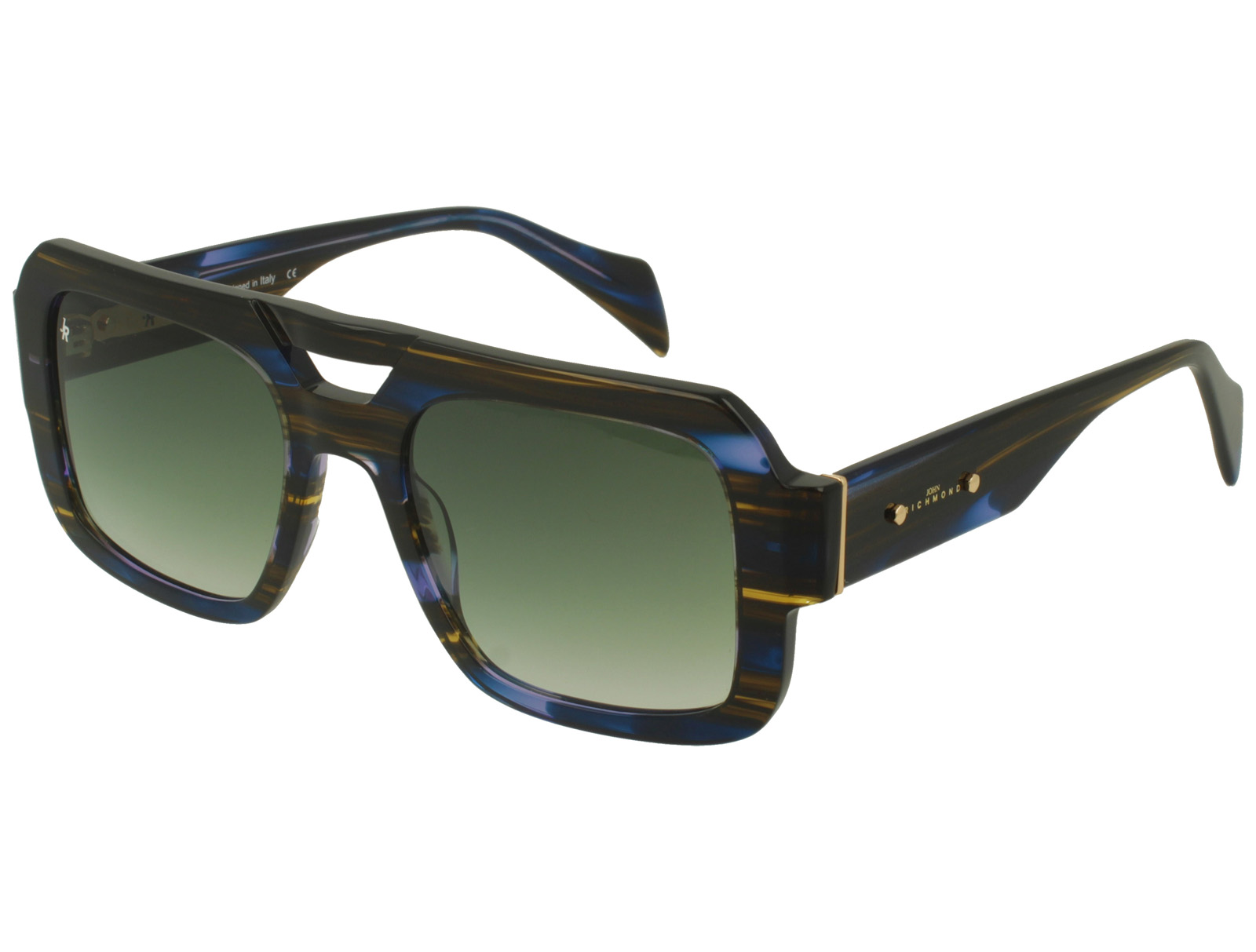 John Richmond RIS.085.07 STRIPED BROWN/BLUE FRONT/TEMPLE GR GREEN MIRROR LENSES PLASTIC SUNGLASSES
