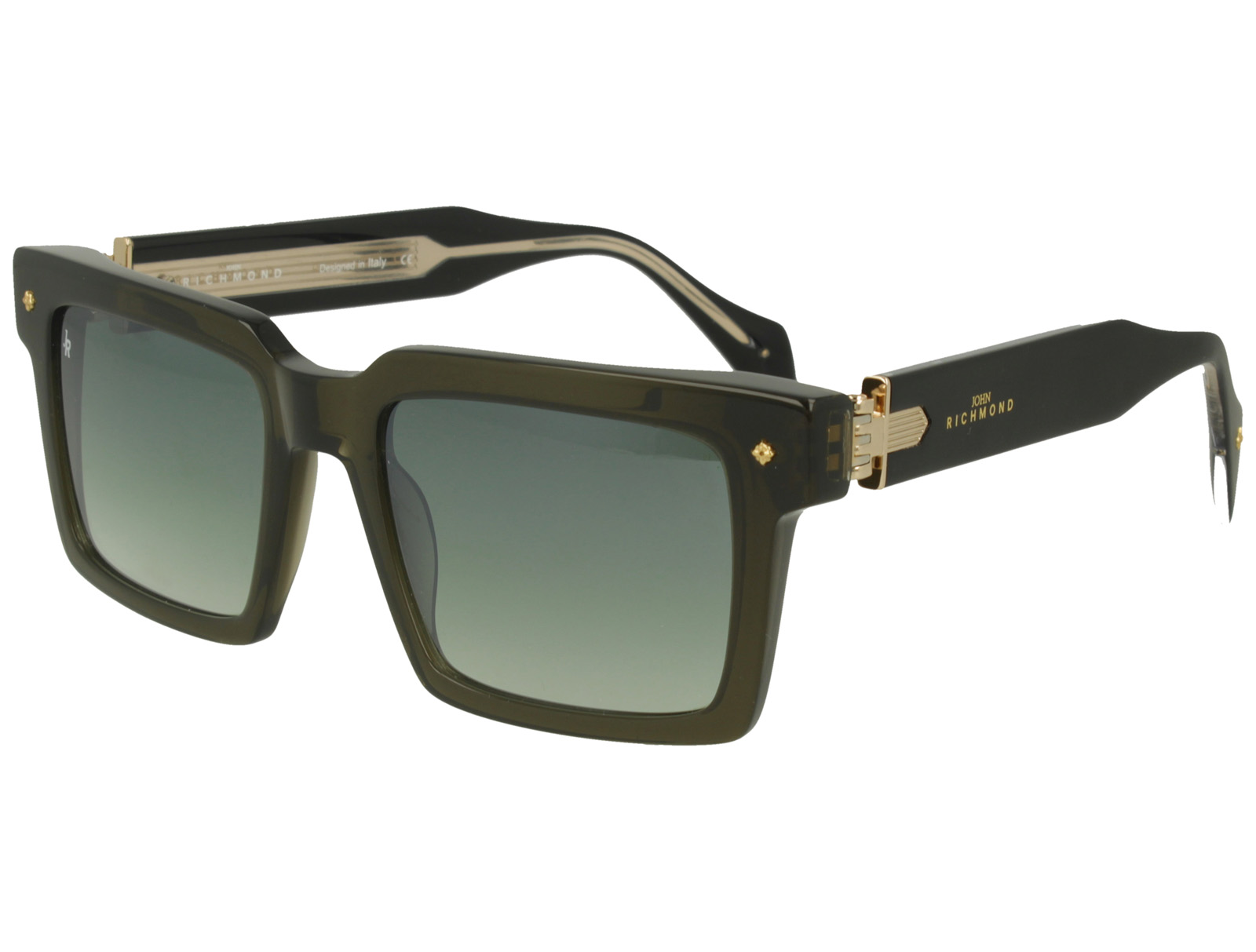John Richmond RIS.086.07 XTAL DRK OLIVE FRONT BLK OUT/XTAL IN TEMPLE GRAD GREEN MIR LENSES PLAST SUNGLASS