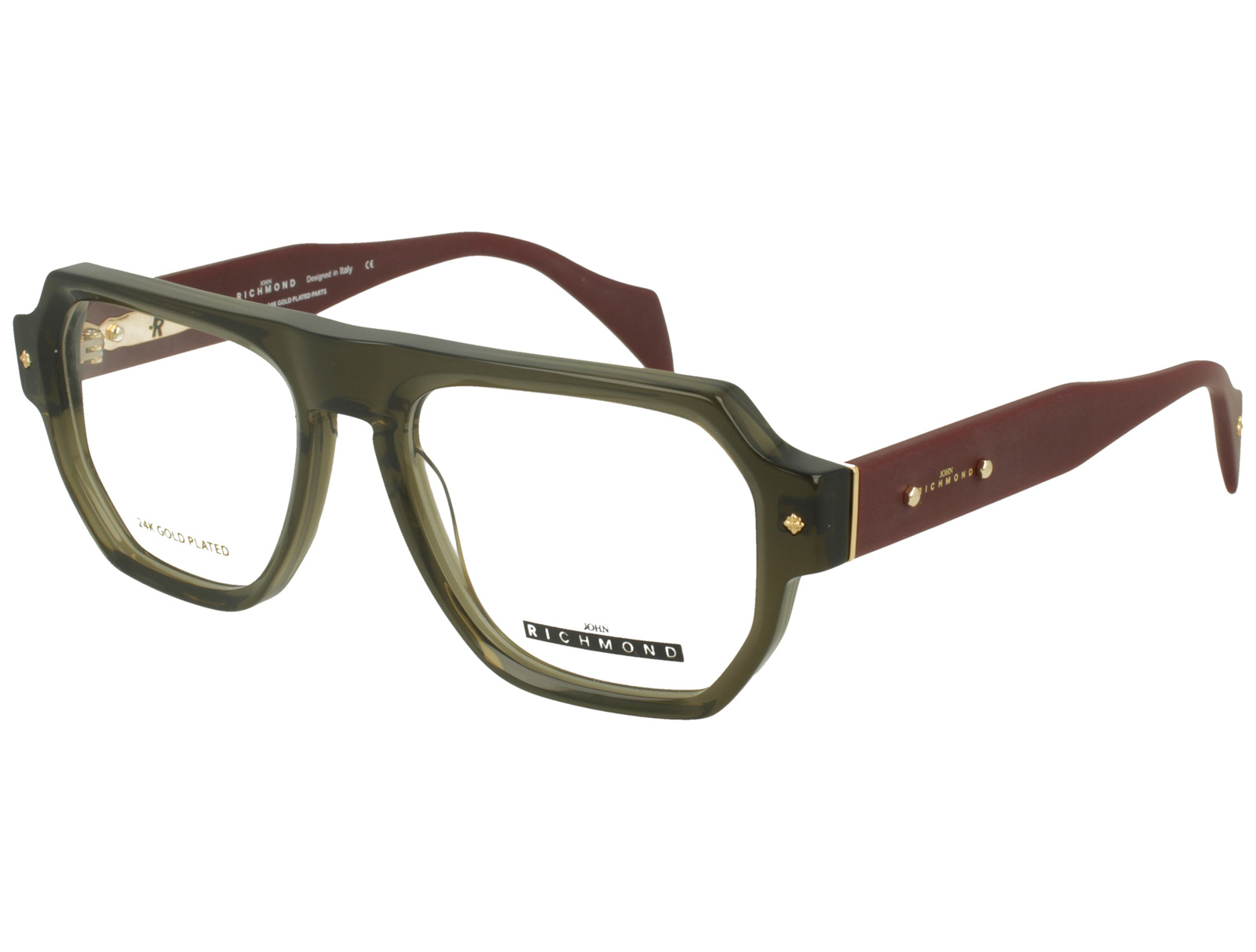 John Richmond RIV.261.05 XTAL DARK OLIVE FRONT FULL BORDEAUX MATT TEMPLE + 24K GOLD PLATED PLASTIC FRAME